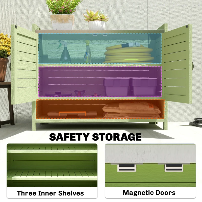 Outsunny Stół do sadzenia z szafką z drewna, szafka ogrodowa z ocynkowanym blatem, 3 półki, 88x40x70,5cm, zielony