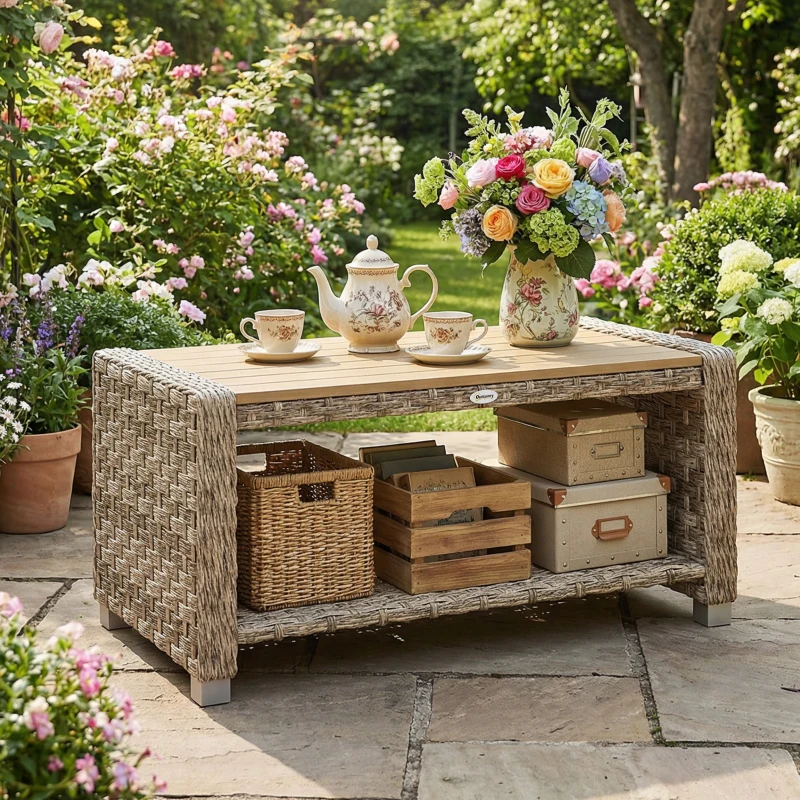 Outsunny Outdoor Coffee Table with Storage Shelf, PE Rattan Side Table with Slatted Top and Foot Pads, Light Brown