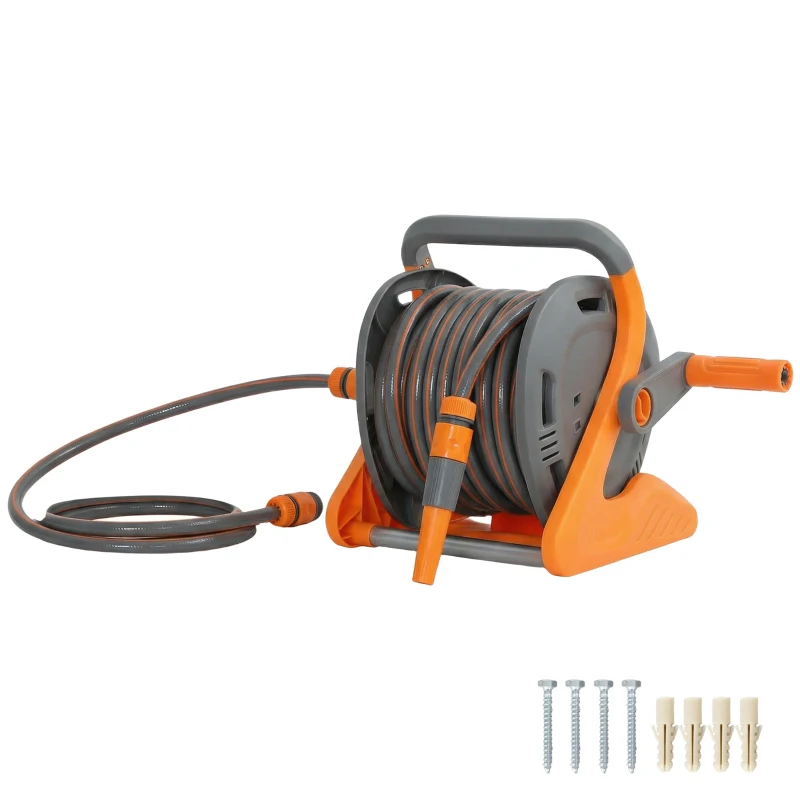 Outsunny Portable Garden Hose Reel, 20+2 m Wall Mounted Hose Reel with 2 Patterns Spray Nozzle and Crank Handle, Orange