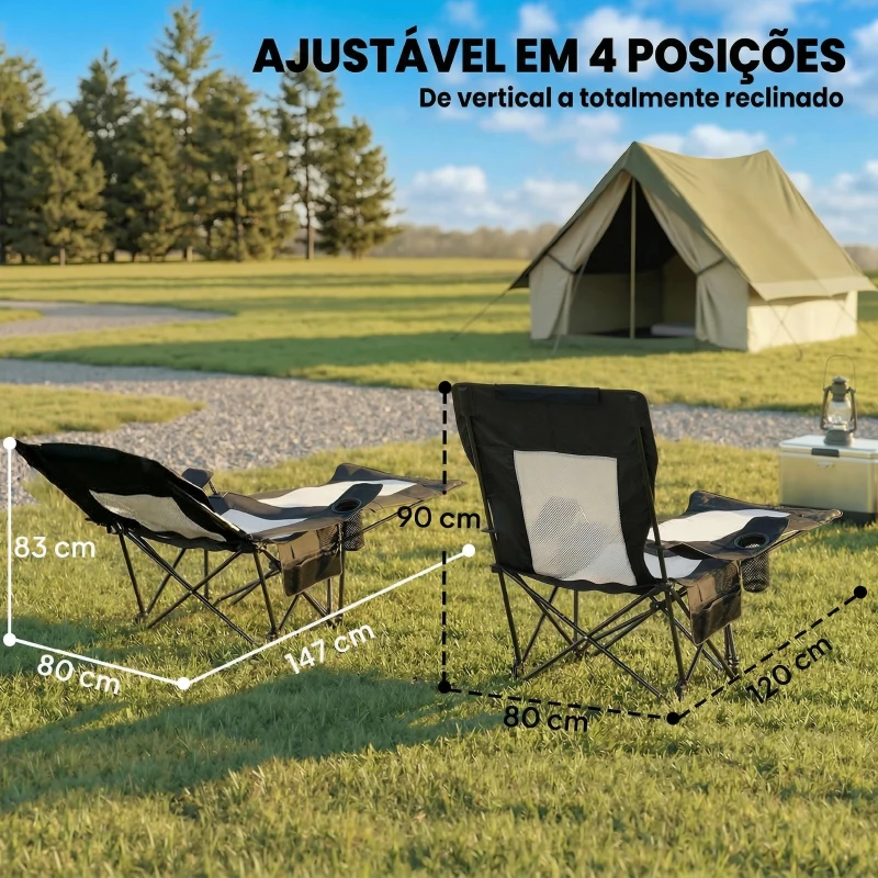 Outsunny Conjunto de 2 Cadeiras Dobráveis de Campismo com Encosto Ajustável 4 Níveis Apoio para os Pés Removível 165x80x90 cm Preto