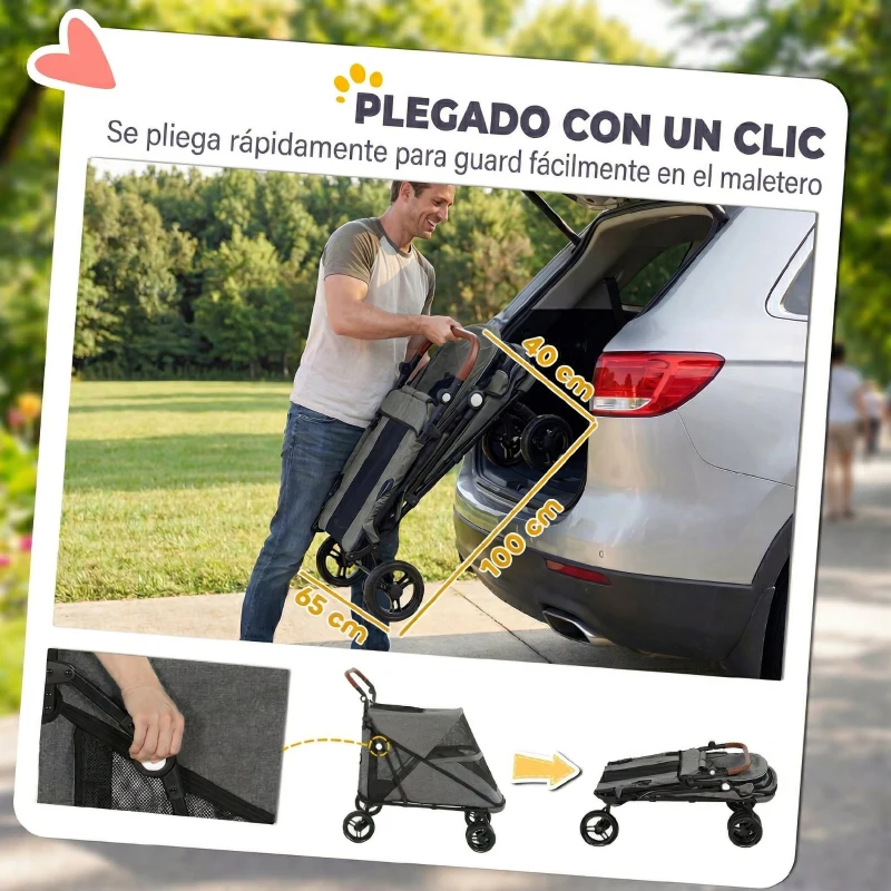 PawHut Carrito para Perros Plegable con un Botón hasta 30 kg con Suspensión en 4 Ruedas Giratorio y Freno de Pie Gris