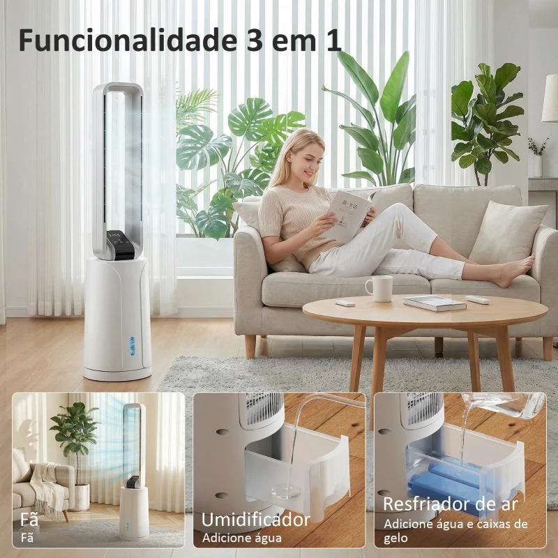 HOMCOM Climatizador 3 em 1 com Depósito de 1,7L Modos Ajustáveis Temporizador Controlo Remoto 24,7x24,7x109,5 cm Branco