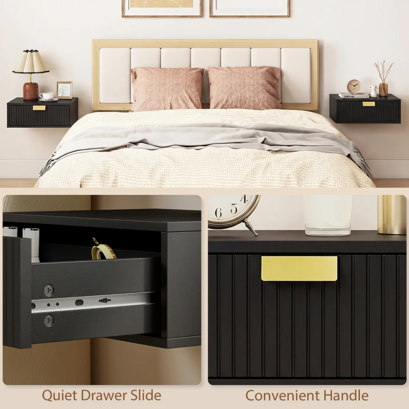 HOMCOM Modern Floating Nightstands Set of 2, Wall Mounted Bedside Tables with Wave Drawer Black