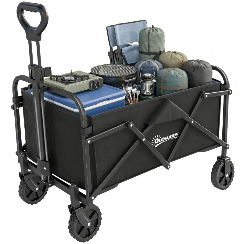 Outsunny Carrello da Giardino Pieghevole 66L con Manico Regolabile e Portabicchieri, Nero