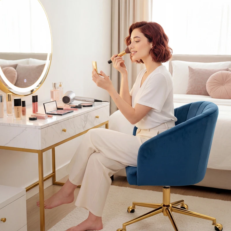 HOMCOM Silla de Oficina con Ruedas de Terciopelo con Respaldo Acolchado Altura Ajustable Espuma Alta Resiliencia Azul