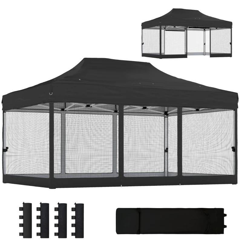 Outsunny 3 x 4.5 m Pop Up Gazebo with Mesh Nettings, UPF50+ Heavy Duty Outdoor Garden Party Tent Marquee, Black