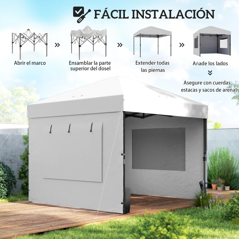 Outsunny Carpa Plegable Pop-up 3x3 m con 3 Paredes 2 Ventanas Altura Ajustable UPF50+ Bolsa Transporte y Sacos de Arena Blanco