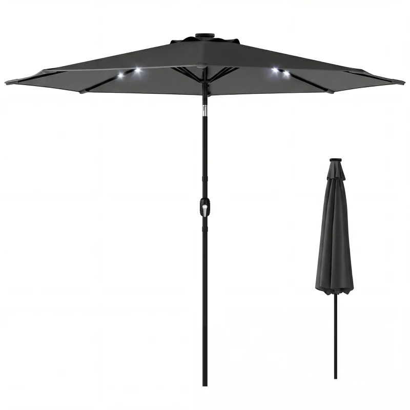Outsunny 2.6 m Garden Parasol Umbrella with LED Solar Light, Parasol Cover, Outdoor Market Patio Umbrella, Black