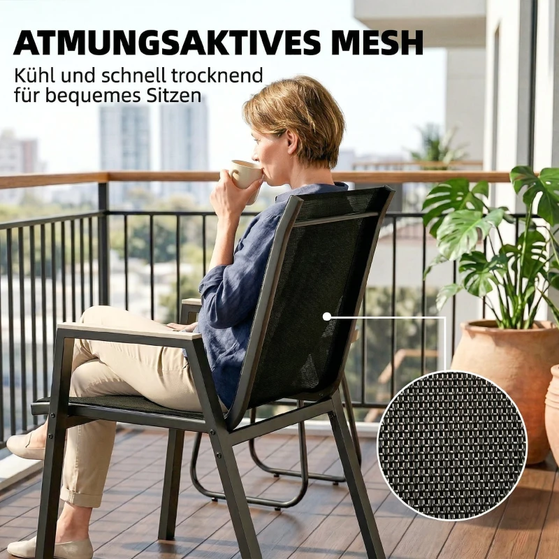 Outsunny Balkonmöbel Set 3 teilig Gartenmöbel Set mit Tisch 2 Stühle Atmungsaktiv Sitz Holzmaserung Schwarz