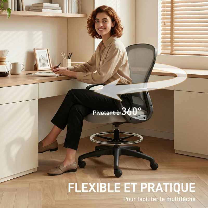 Vinsetto Chaise bureau ergonomique, fauteuil de bureau avec repose-pieds et accoudoirs, en maille, 59 x 65 x 123 cm, Gris