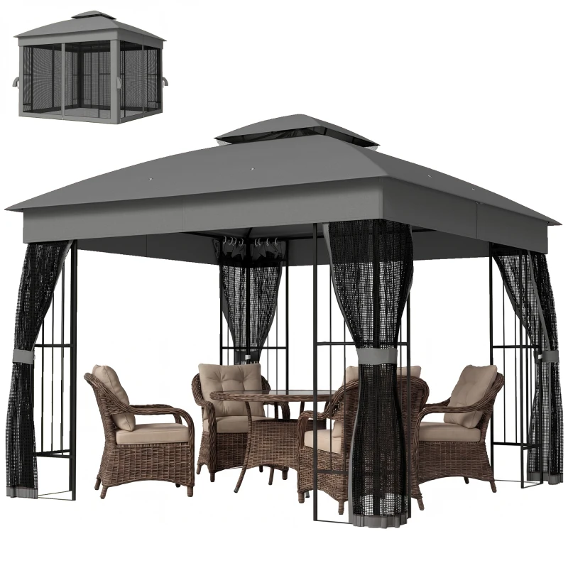 Outsunny 3 x 3 m Outdoor Garden Gazebo with Post Shelves, UPF50+ Double Roof Patio Permanent Pavilion, Grey