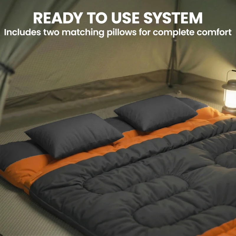 Outsunny Double Sleeping Bag with 2 Pillows, 220 x 160 cm Extra-Large Sleeping Bag for Adults, Grey and Orange