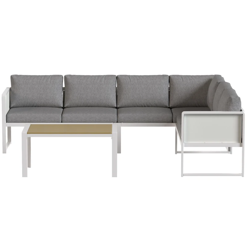 Outsunny 6 Seater Metal Garden Furniture Corner Sofa Set with 3 Loveseats, Faux Wood Table, Texteline Seat, Cushions, White
