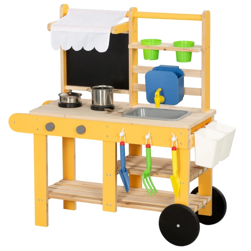 AIYAPLAY Cuisine enfant en bois avec roulettes, cuisine enfant exterieur avec eau courante, évier, plaque de cuisson, jaune