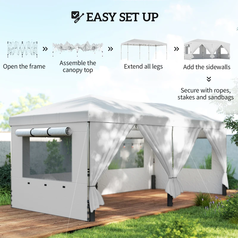 Outsunny 3 x 6 m Pop Up Canopy with UV50+ Protection Garden Gazebo with 6 Sidewalls, White