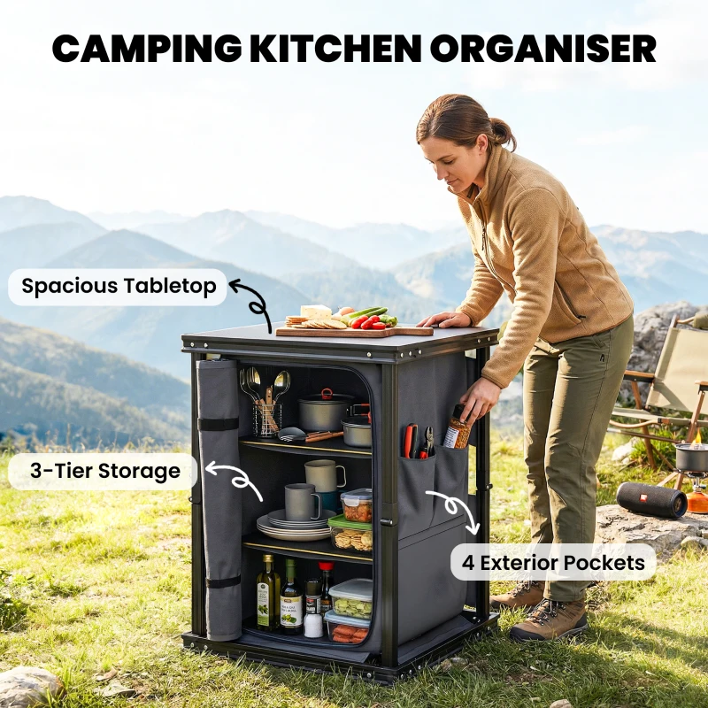 Outsunny Camping Camping Cupboards, Folding Portable Kitchen Table with 3-Tier Storage, Black