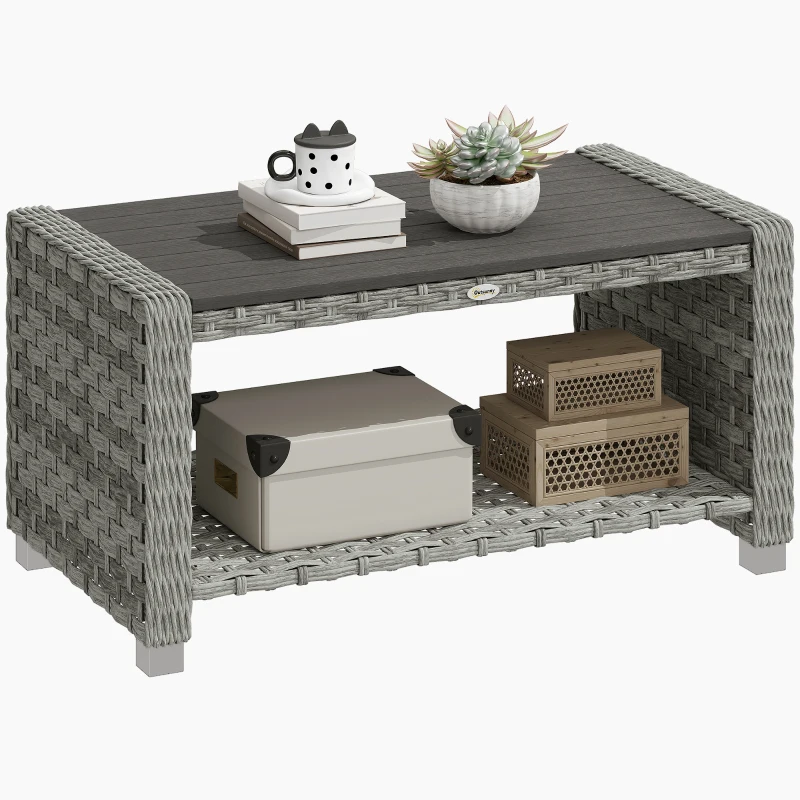 Outsunny Outdoor Coffee Table with Storage Shelf, PE Rattan Side Table with Slatted Top and Foot Pads, Grey