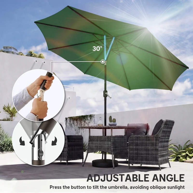 Outsunny 2.7 m Garden Parasol Umbrella with Cross Base and Sandbag, Retractable Ribs, Outdoor Table Market Umbrella, Green
