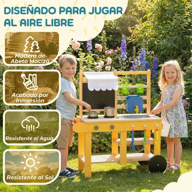 AIYAPLAY Cocina de Juguete Exterior de Madera con Ruedas Agua Real Macetas Pizarra y 15 Accesorios 84,2x34,4x90 cm Amarillo