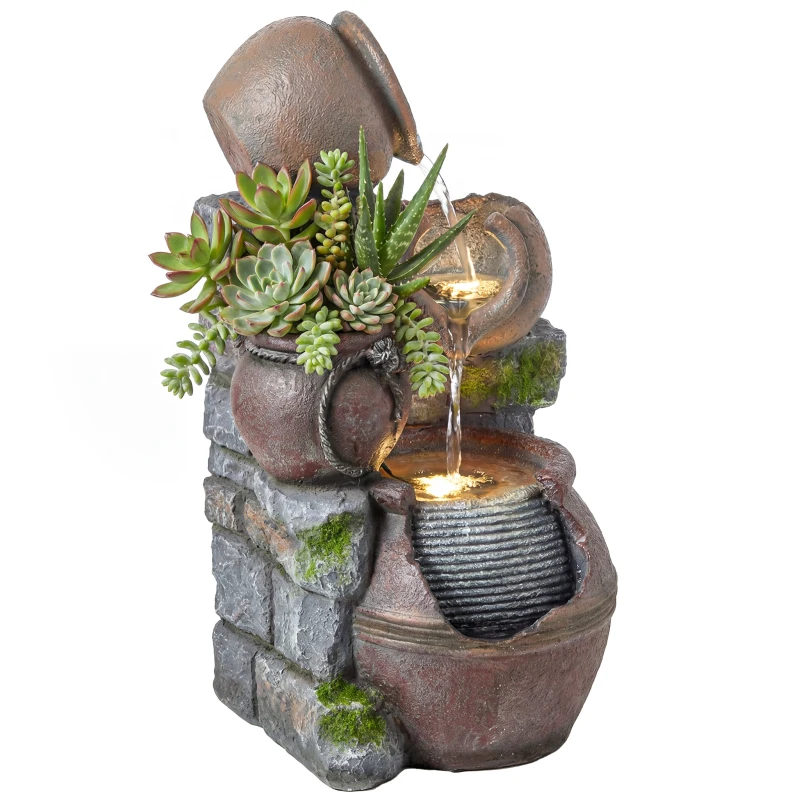 Outsunny Outdoor Fountain with 4-Tier Rustic Pots & Planter, Garden Fountain with LED Lights, Rustic Brown