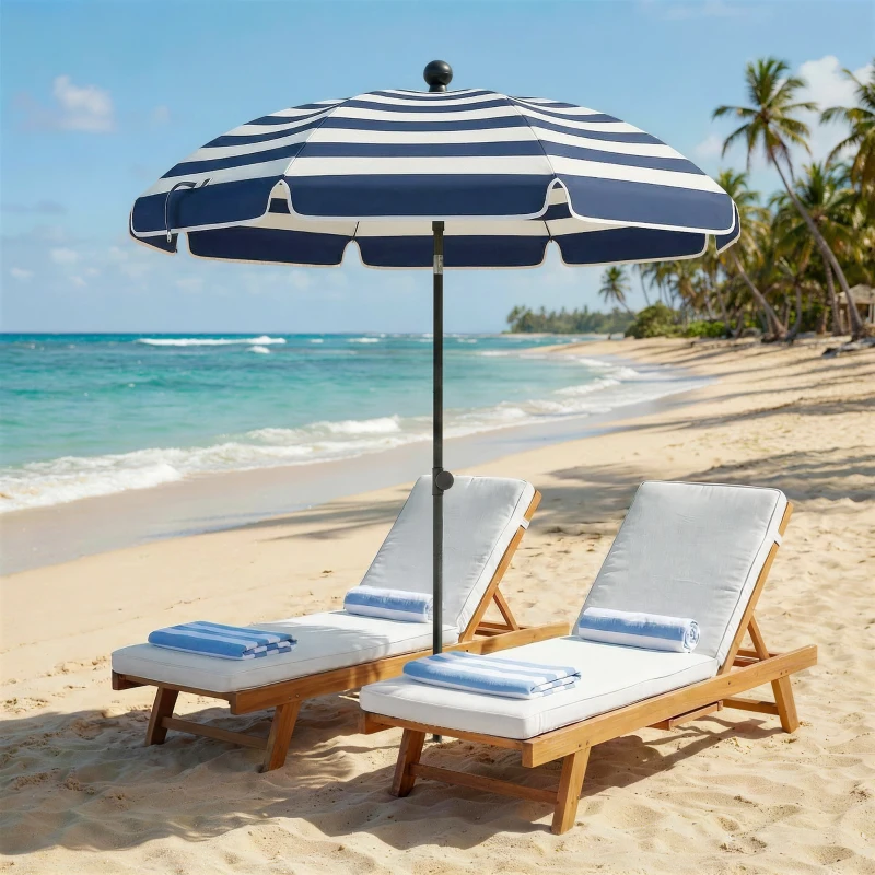 Outsunny 1.8 m Beach Umbrella Parasol with Sand Anchor, Portable 30° Tilting Patio Sun Shade with Adjustable Height, Blue/White