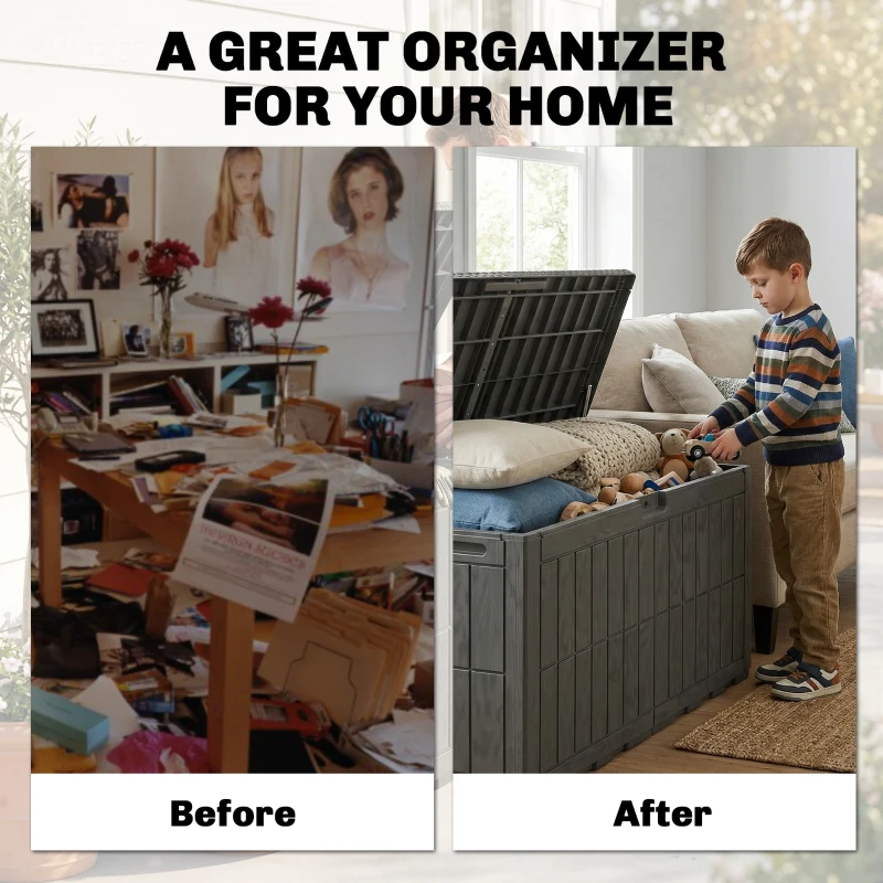 Outsunny 440L Garden Storage Box, Waterproof & UV Resistant Resin Deck Box with Lockable Lid, Pneumatic Gas Rods, Side Handles