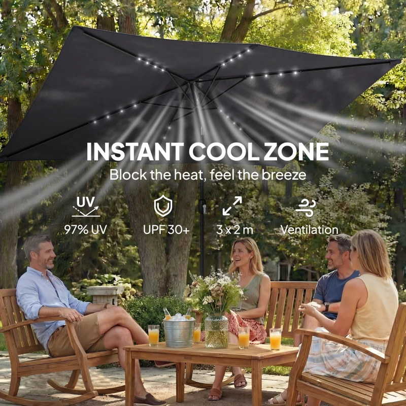 Outsunny 3 x 2 m Garden Parasol Umbrella with LED Solar Light, Parasol Cover, Outdoor Market Patio Umbrella, Black