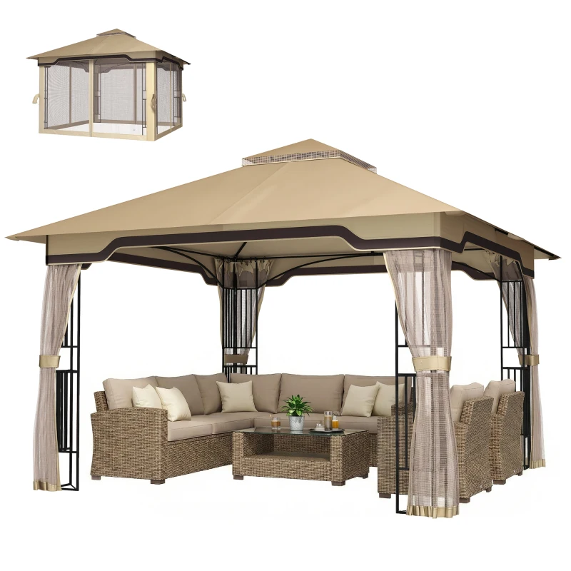 Outsunny 3.3 x 3.3 m Outdoor Garden Gazebo with Post Shelves, UPF50+ Patio Permanent Pavilion with Hook, Khaki
