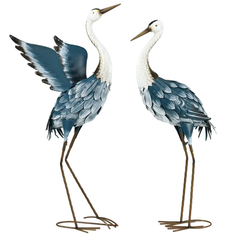 Outsunny Heron Garden Statues, Standing Garden Ornament, Metal Garden Gift with Stakes, Blue & White