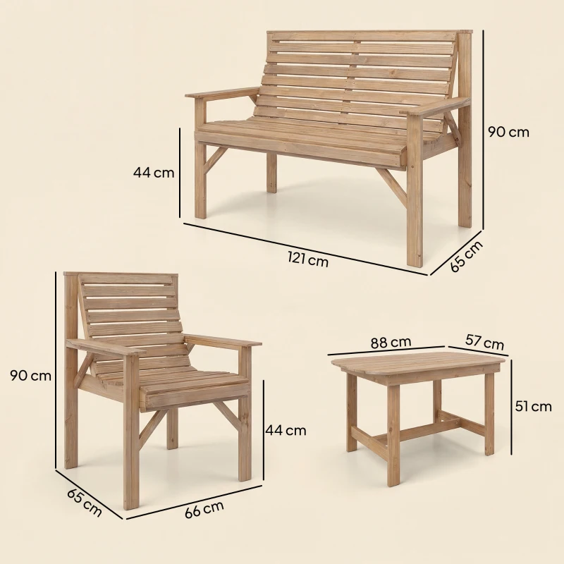 Outsunny 4 Piece Wooden Garden Furniture Set, Outdoor Garden Sofa Set with 2 Armchairs, Loveseat and Coffee Table, Natural Wood