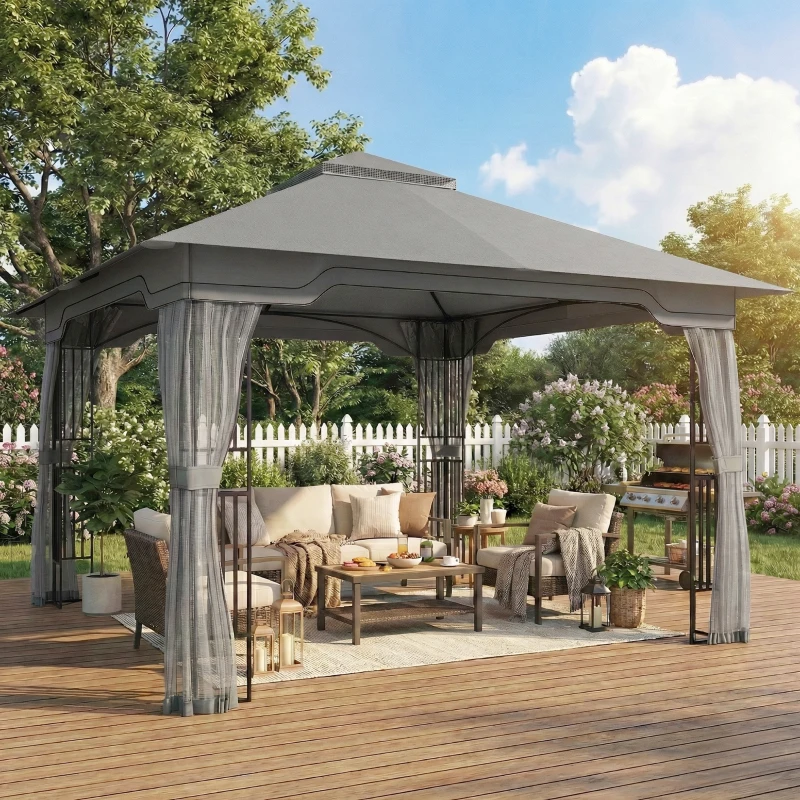 Outsunny 3.3 x 3.3 m Outdoor Garden Gazebo with Post Shelves, UPF50+ Patio Permanent Pavilion with Hook, Dark Grey