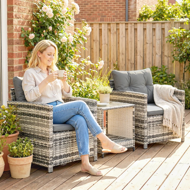 Outsunny Rattan Bistro Set, 3 Piece Garden Furniture Set with 2 Tier Glass Top Table and Cushions, Mixed Grey