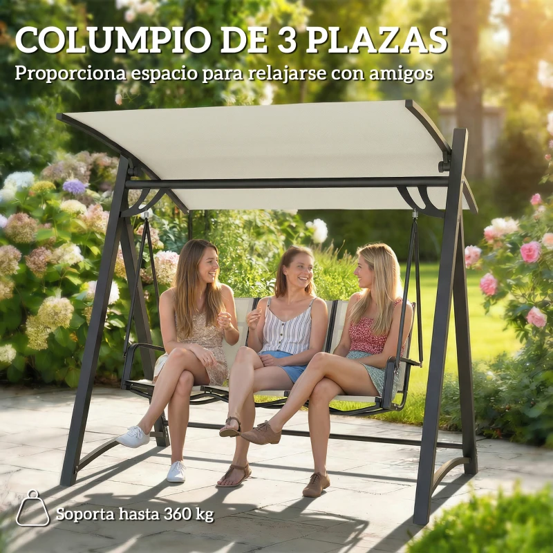 Outsunny Columpio de Jardín de 3 Plazas con Techo Ajustable UPF50+ Asiento Transpirable Carga 360 kg 188x130x183 cm Crema