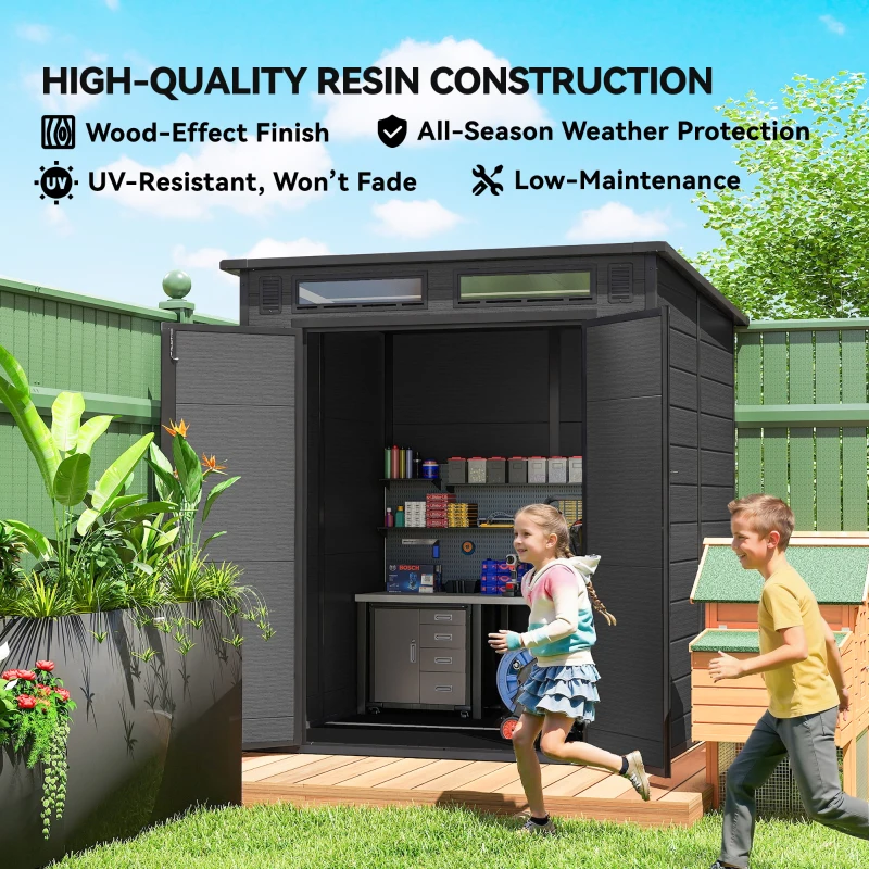 Outsunny 6 x 6 ft Plastic Garden Shed, Wood-Effect Outdoor Storage Shed with Floor, Windows, Lockable Doors and Vents, Dark Grey