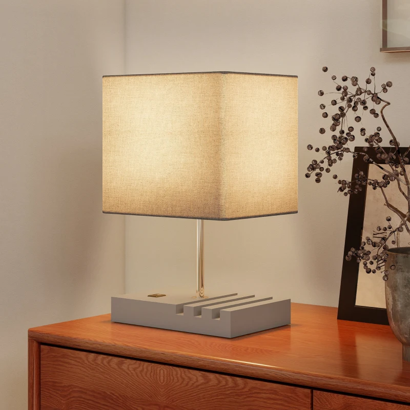 HOMCOM Bedside Lamp with USB A+C Charging Ports and 3 Phone Stands, Modern Table Lamp with Solid Wood Base and Fabric Shade for Bedroom Living Room Office, E27 Socket, Bulb Not Included, Grey