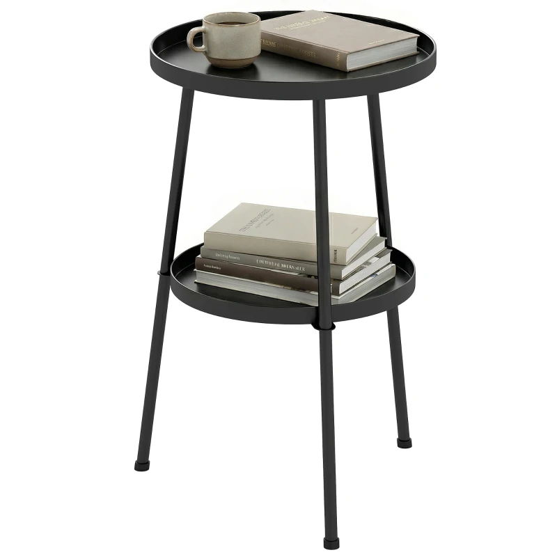 Outsunny Patio Side Table, 2-Tier Round Coffee End Table for Garden Balcony Living Room Bedroom, Black