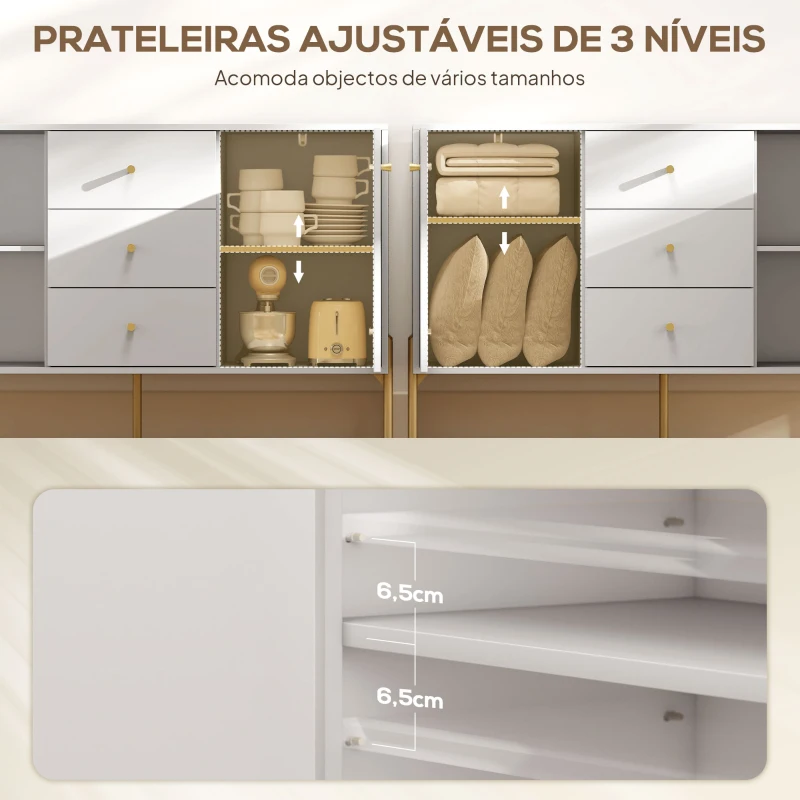 HOMCOM Aparador Moderno com 3 Gavetas Prateleiras Ajustáveis Bancada com Efeito Mármore Pés em Aço 120x39,1x76 cm Branco