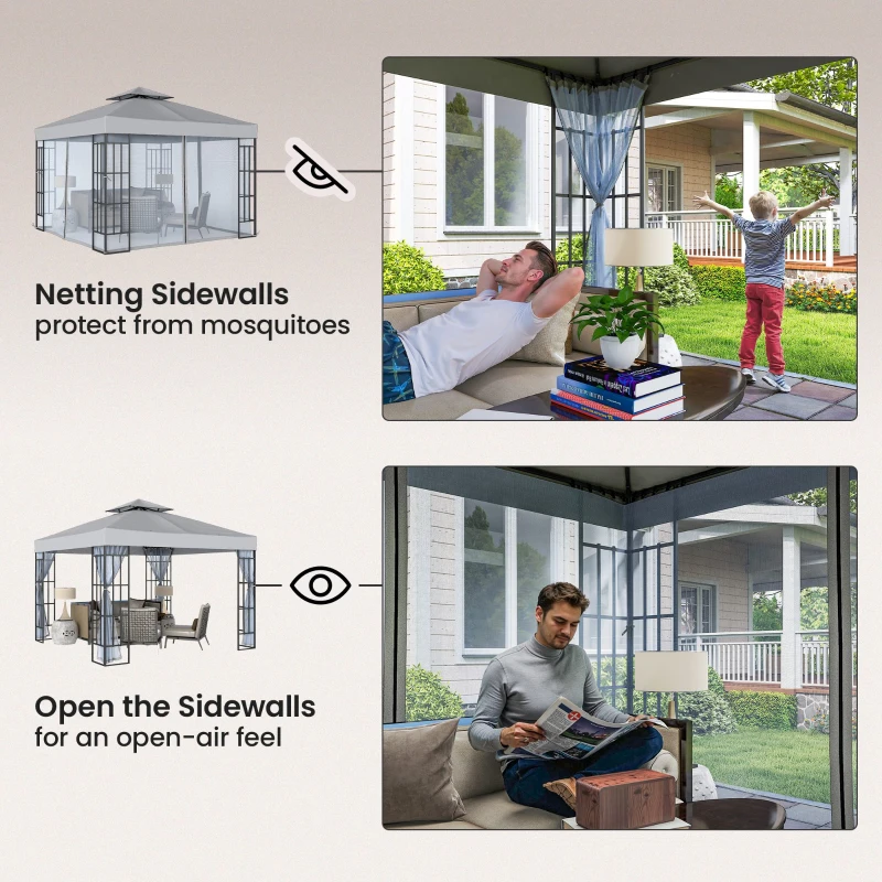 Outsunny 3 x 3(m) Patio Gazebo Canopy Garden Pavilion Tent Shelter with 2 Tier Roof and Mosquito Netting, Light Grey
