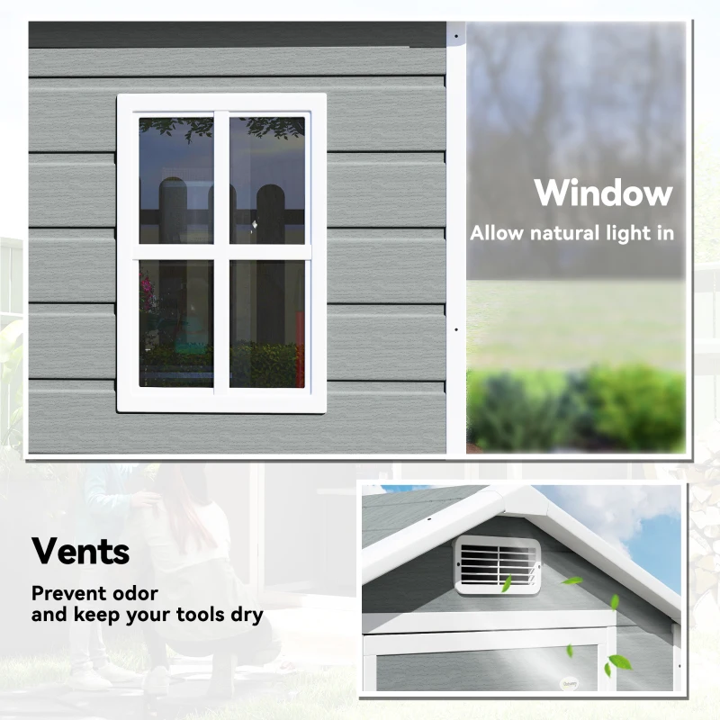 Outsunny 4 x 3 ft Plastic Garden Shed with Floor, Outdoor Storage Shed with Lockable Door, Window and Vent, Light Grey