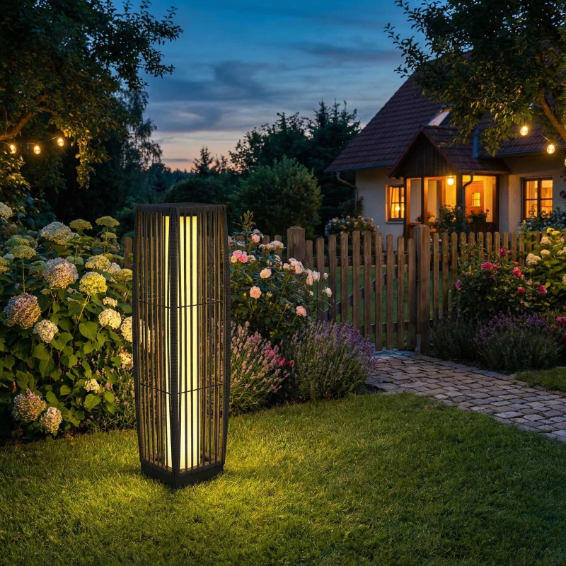 Outsunny Solar Rattan Floor Lamp, Outdoor Garden Lantern with Auto On/Off LED Lights, IP44 for Patio, Terrace, Dark Grey