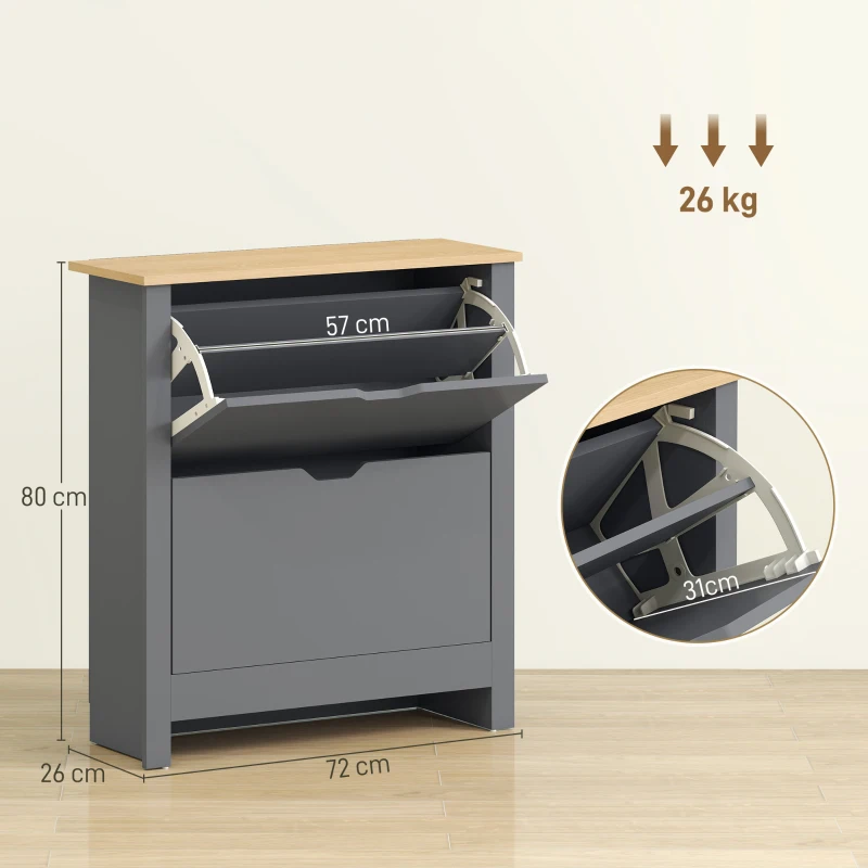 HOMCOM Meuble à chaussures 12 paires, armoire à chaussures étroite avec 2 tiroirs rabattables et étagères réglables, gris foncé