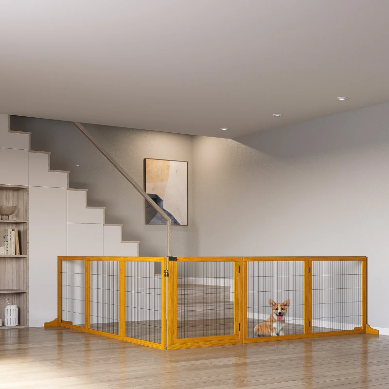 PawHut Lot de 2 barrières de sécurité chien barrière modulable pliable 6 panneaux 2 pieds support bois de pin jaune