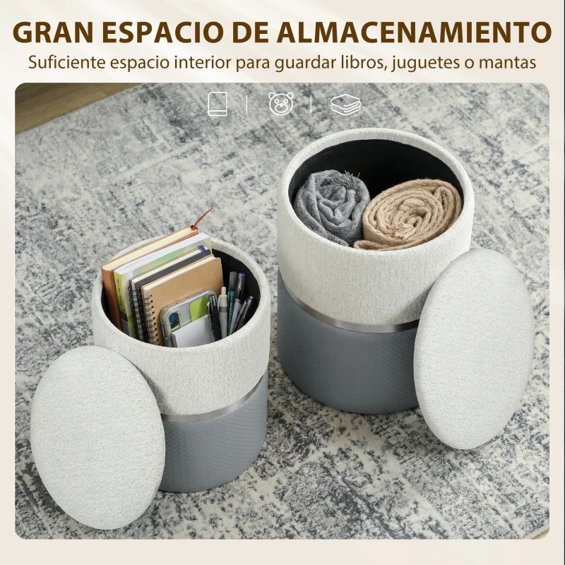 HOMCOM Juego de 2 Puff Almacenaje Tapizados en Chenilla y PU Asiento Acolchado para Pasillo Dormitorio Gris y Crema