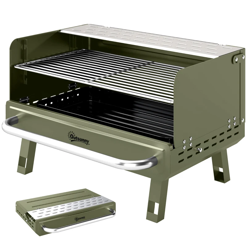 Outsunny Portable BBQ Grill, Charcoal Barbecue Grill with Adjustable Grates, Foldable Legs, Side Shelf for Camping Travel, Green