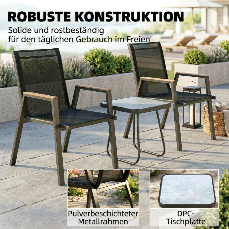 Outsunny Balkonmöbel Set 3 teilig Gartenmöbel Set mit Tisch 2 Stühle Atmungsaktiv Sitz Holzmaserung Schwarz