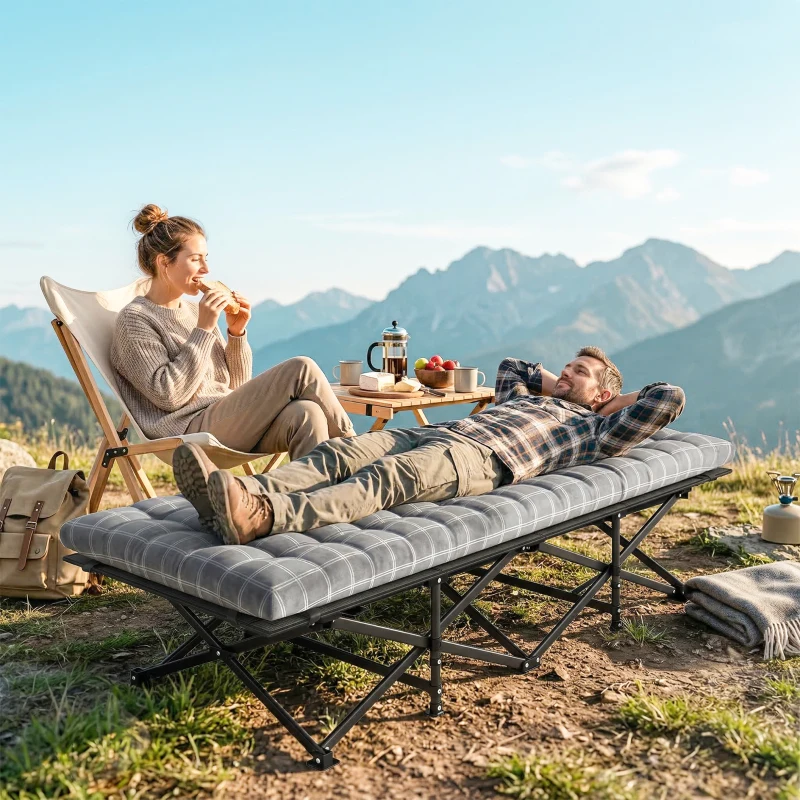 Outsunny Camping Cot with Soft Pad, 80cm Extra Wide Folding Cots with Side Pocket and Carry Bag, Grey