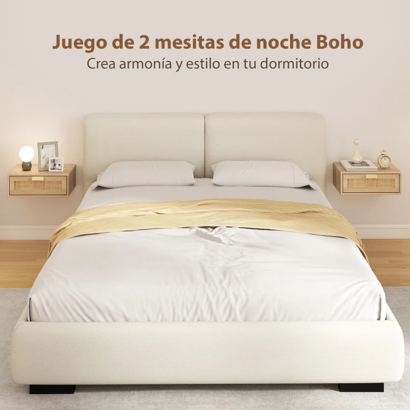 HOMCOM Juego de 2 Mesitas de Noche Flotantes con Cajón de Ratán Ahorra Espacio Diseño Moderno 40x30x15 cm Natural