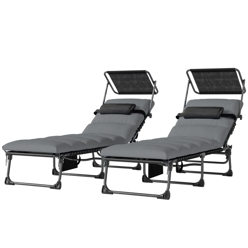 Outsunny Folding Sun Loungers Set of 2 with Canopy, Reclining Sunbed with Cushion, Side Pocket, Carrying Handle, Light Grey