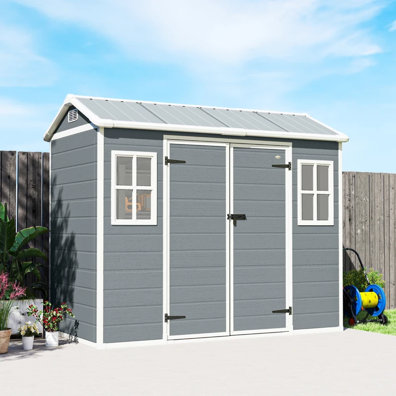 Outsunny 8 x 4 ft Resin Garden Shed, Wood-Effect Outdoor Storage Shed with Floor, Windows, Lockable Doors and Vents, Light Grey