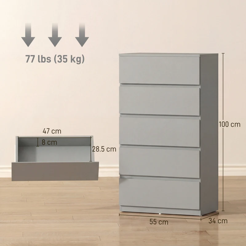 HOMCOM Chest of Drawers, 5-Drawer Storage Cabinets, Modern Dresser, Storage Drawer Unit for Bedroom